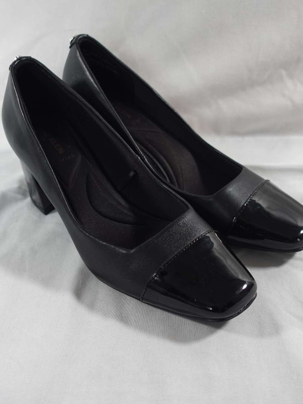 Anne Klein Black Patent Leather Square Toe Slip-On Block Heel Pumps 6.5